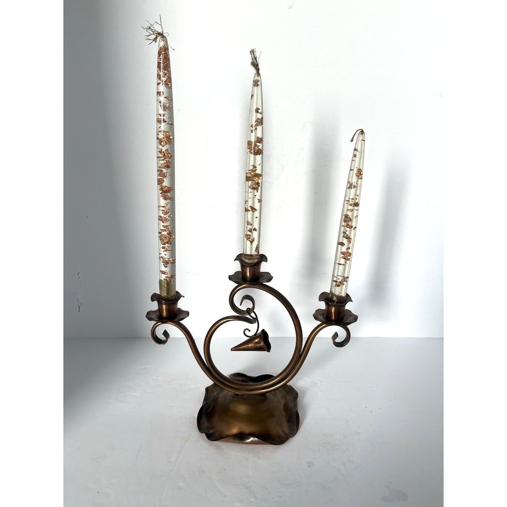 Gregorian Copper Candle Holder w/ 3 Lucite Candles and‎ Snuffer Vtg